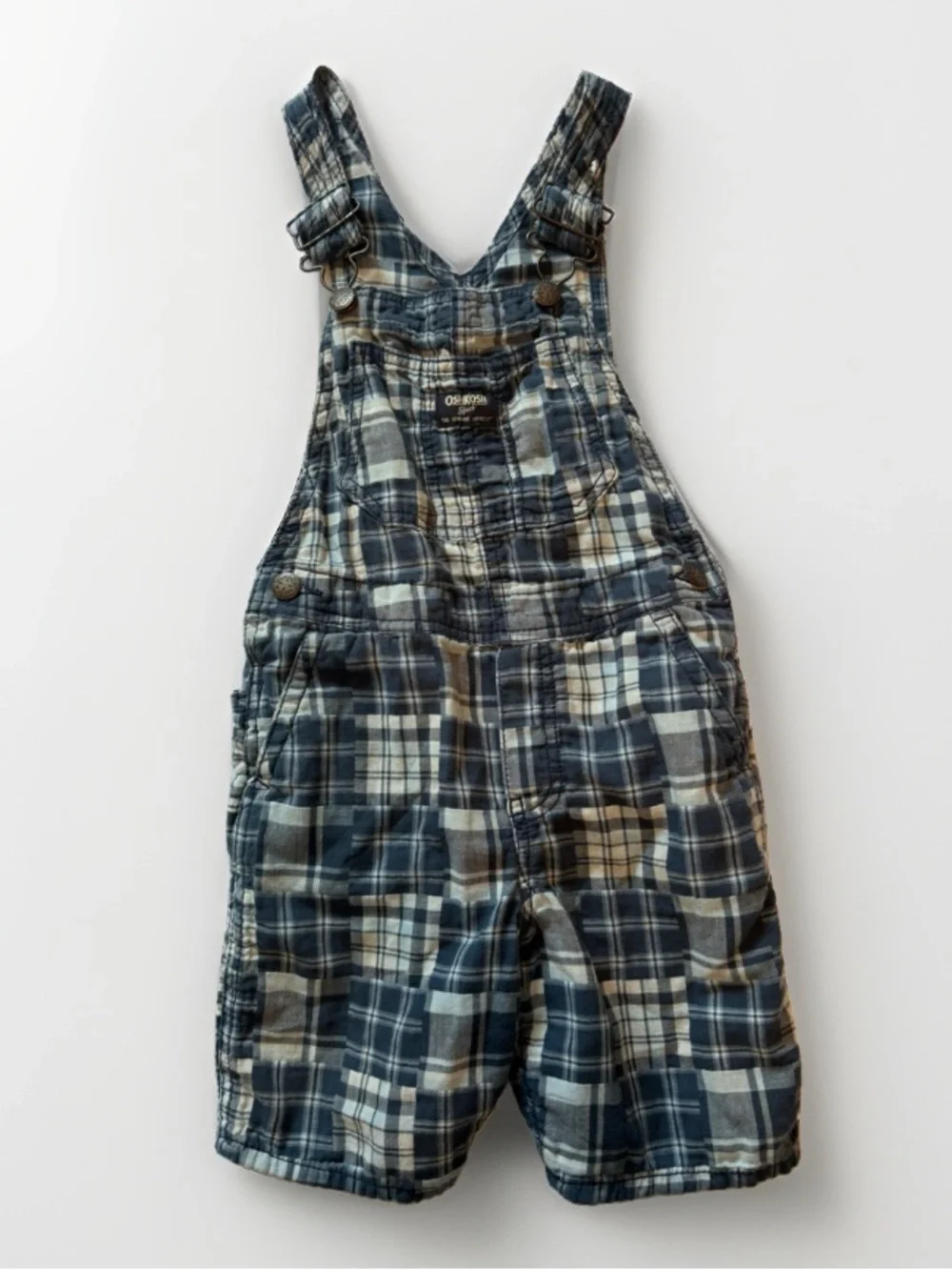 OshKosh B’gosh Boys Blue Plaid Overall Shorts Size 5T Adjustable Cotton